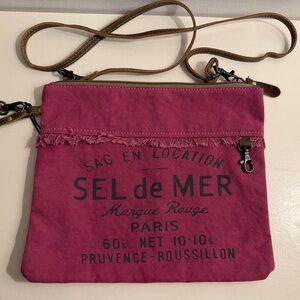 Myra Bag Pink Berry Crossbody/ Large wristlet Canvas and Leather bag.
